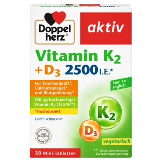 Abbildung der Produktverpackung Doppelherz aktiv Vitamin K2 + D3 2500 I.E. Frontansicht